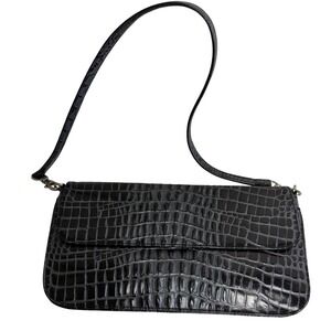 Preston & York Black Croc Embossed Leather Shoulder Bag Y2K Mini Baguette Purse